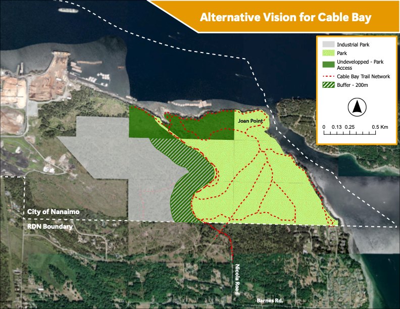 Map of an alternative vision for Cable Bay with expanded parkland, trails and buffer zones