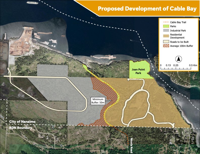 Map of the proposed development of Cable Bay: industrial park, housing, roads and a buffer near Joan Point Park